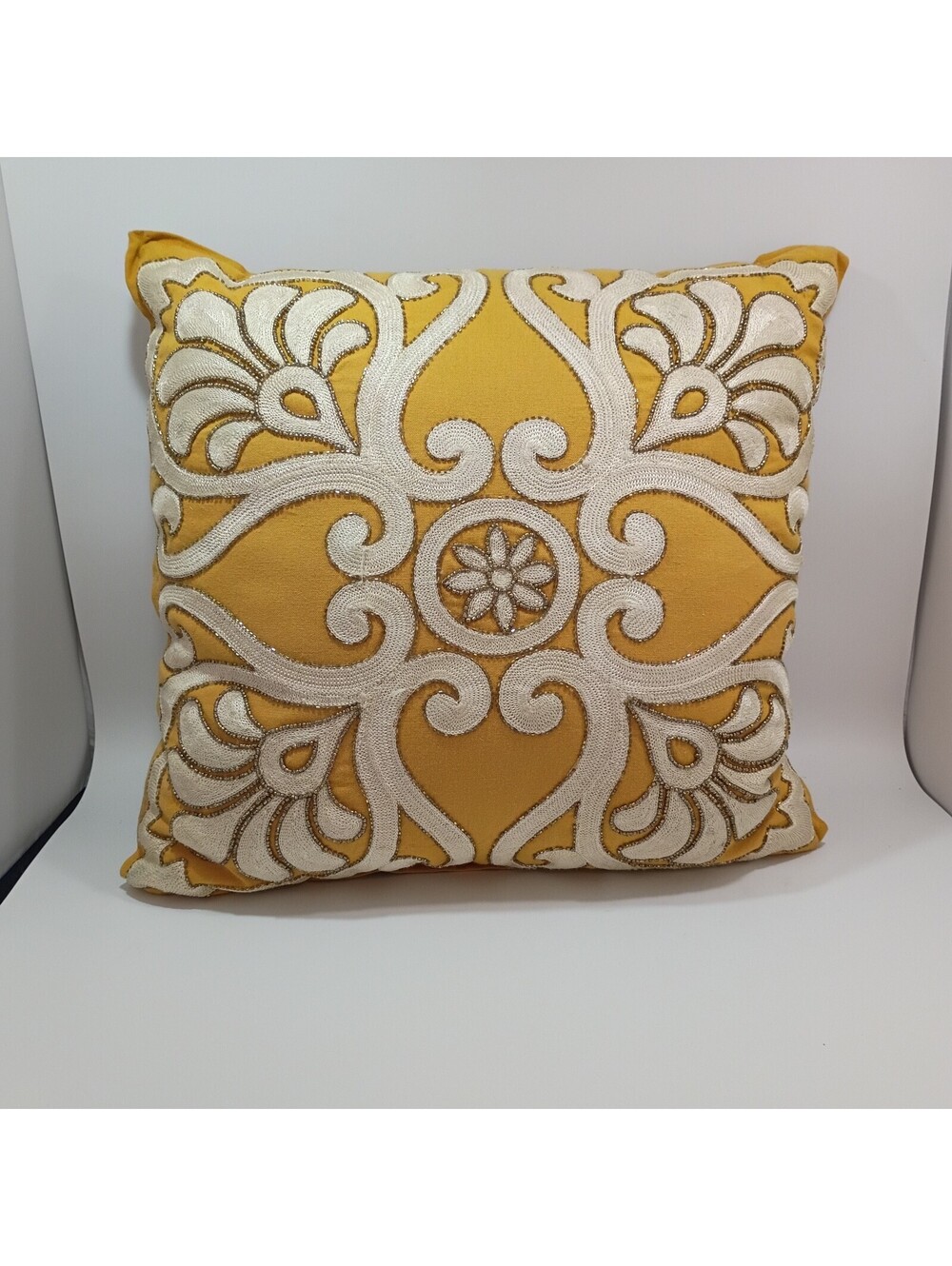16x16"  Mustard Yellow Gold  Pier 1 Throw Pillow Embroidered Scroll Beads Boho